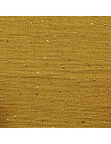 Doppellagiger Baumwollstoff mit kleinen goldenen Punkten - Senfgelb