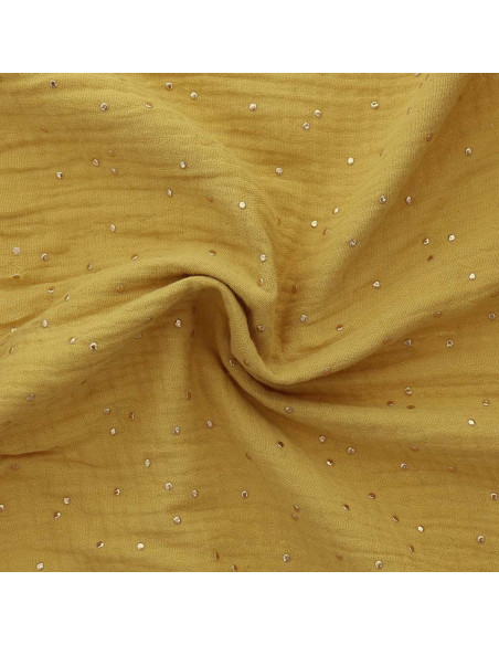 Doppellagiger Baumwollstoff mit kleinen goldenen Punkten - Senfgelb