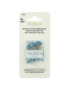 Schachtel mit 80 extra-feinen Stecknadeln mit Murano-Glaskopf in Türkisblau von Bohin.