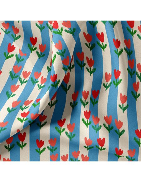 Tissu popeline de coton - Tulip bleu et écru