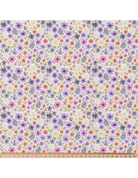 Tissu popeline de coton - Rozen blanc et violet