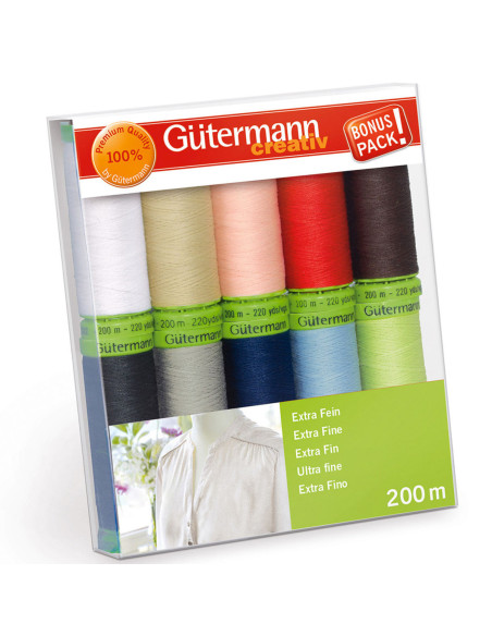 Set mit 10 Gütermann Polyester-Nähfäden - Extra fein
