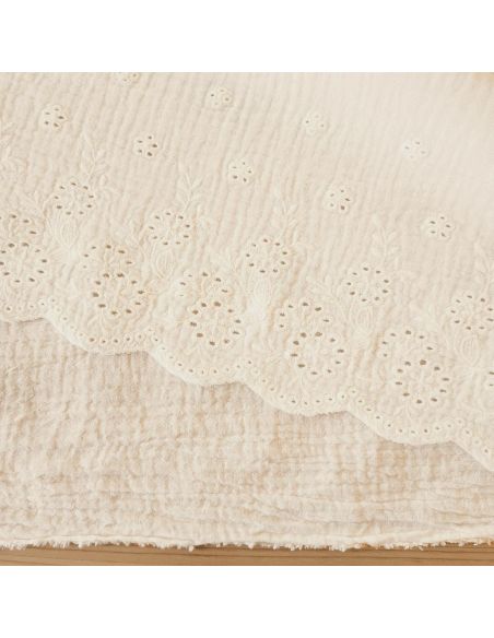 Tissu double gaze broderie anglaise festonnée - Naturel