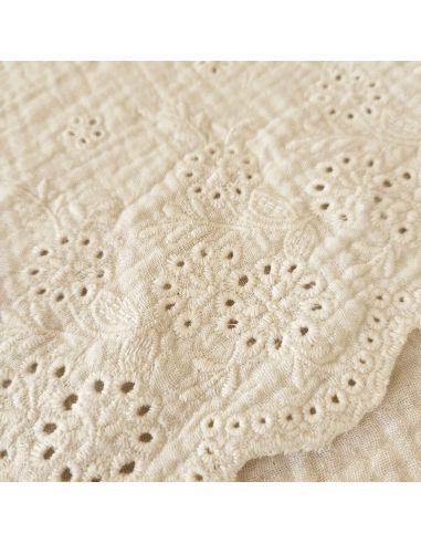 Tissu double gaze broderie anglaise festonnée - Naturel