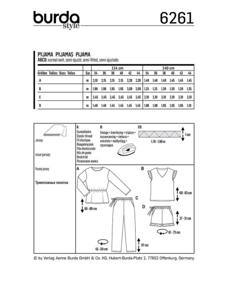 Pyjama- und Pyjamashorts-Schnittmuster - Burda 6261