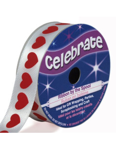 Weißes Satinband Celebrate mit roten Herzen bedruckt - 16 mm x 4 Meter