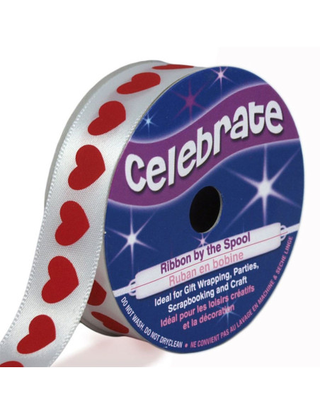 Weißes Satinband Celebrate mit roten Herzen bedruckt - 16 mm x 4 Meter