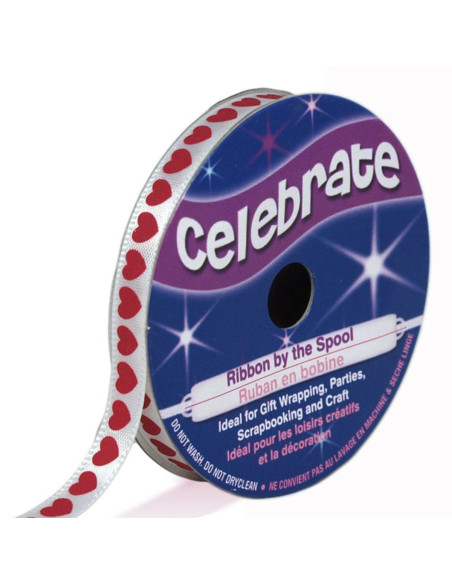 Weißes Satinband Celebrate mit fuchsiafarbenen Herzen bedruckt - 6 mm x 4 Meter