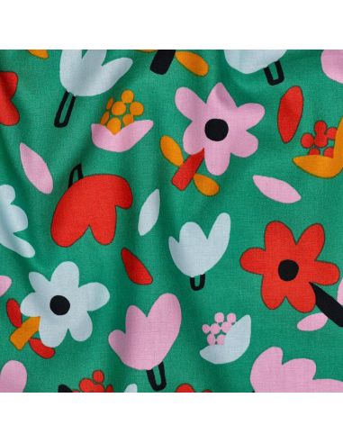 Tissu popeline de coton Jennifer Bouron - Fleurs rouge sur fond vert