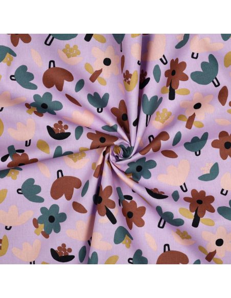 Tissu popeline de coton Jennifer Bouron - Fleurs marron sur fond parme