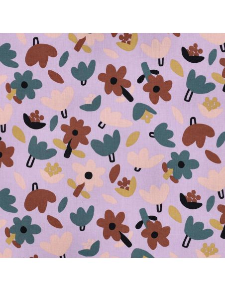 Tissu popeline de coton Jennifer Bouron - Fleurs marron sur fond parme