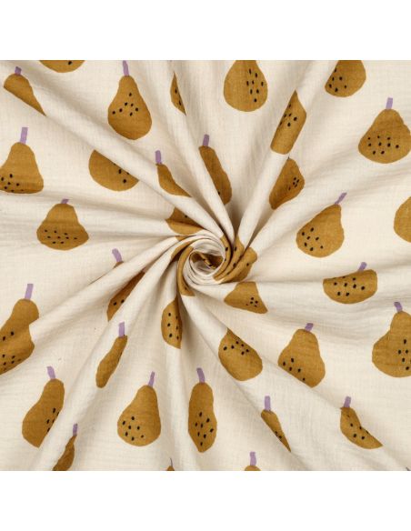 Tissu double gaze imprimé Jennifer Bouron - Poires ocre sur fond naurel