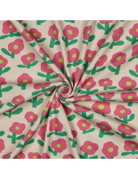Tissu jersey coton maille côtelé Jennifer Bouron - Fleurs rose bonbon sur fond naturel