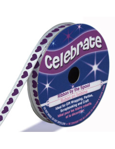 Weißes Satinband Celebrate mit violetten Herzen bedruckt - 6 mm x 4 Meter