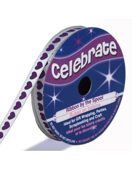 Weißes Satinband Celebrate mit violetten Herzen bedruckt - 6 mm x 4 Meter