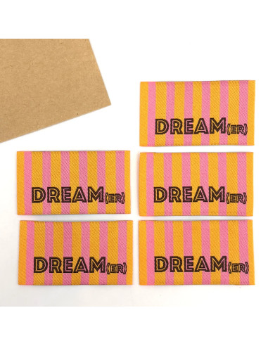 Lot de 5 étiquettes tissées à coudre DREAM(er) rayures orange rose