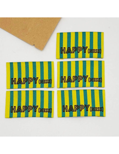Lot de 5 étiquettes tissées à coudre HAPPY(ness) rayures jaune vert