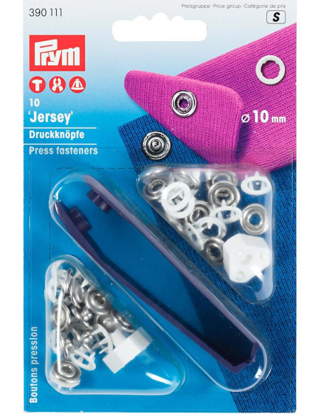 Schachtel mit 10 weißen Jersey-Druckknöpfen mit Werkzeug 10 mm