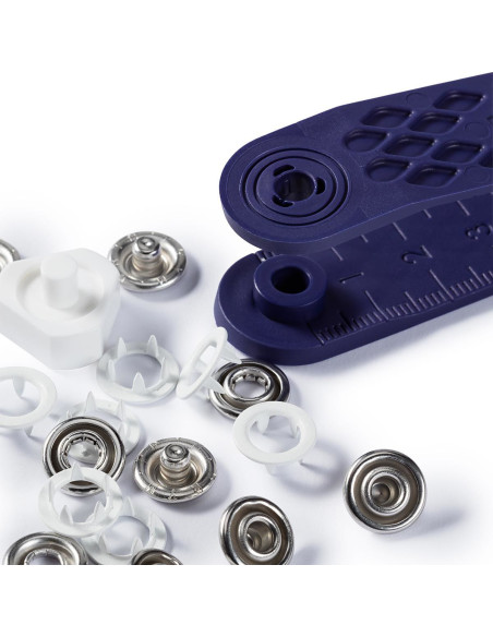 Schachtel mit 10 weißen Jersey-Druckknöpfen mit Werkzeug 10 mm