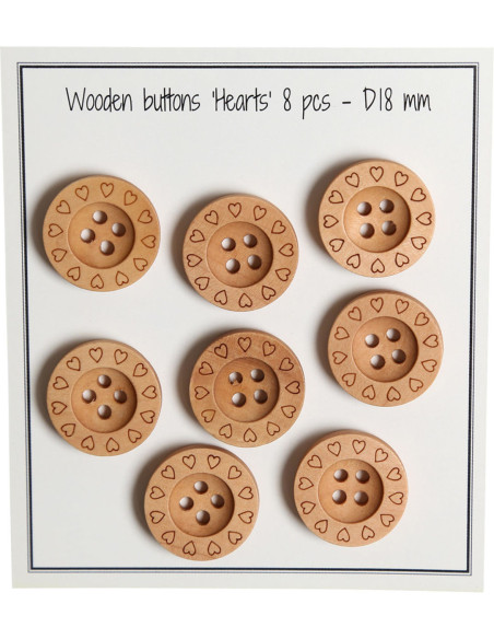 Paket mit 8 Holzknöpfen Herzen 18 mm