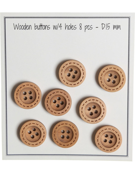 Paket mit 8 runden Holzknöpfen mit Rillenstichen 15 mm