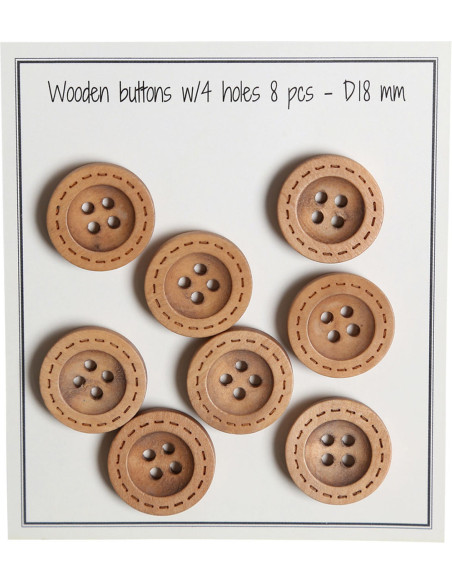 Paket mit 8 runden Holzknöpfen mit Rillenstichen 18 mm