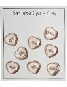 Paket mit 8 transparenten Herzknöpfen in Beige, 15 mm