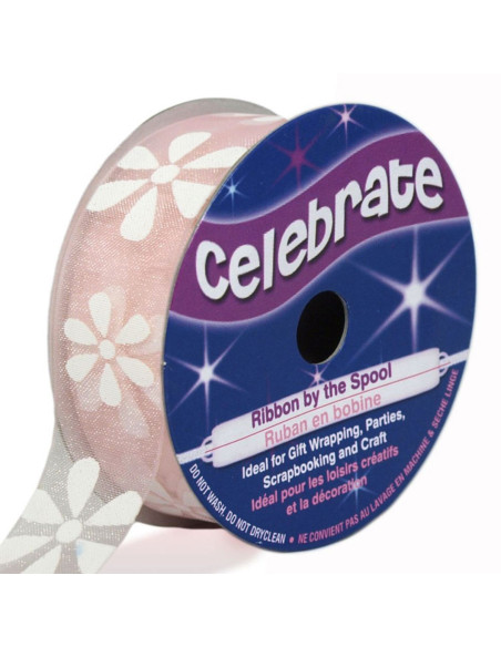 Organza-Band Celebrate Rosa und Blumen - 15 mm x 3,5 m