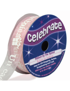 Organza-Band Celebrate rosa ein Geschenk für dich - 15 mm x 3,5 m