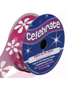 Organza-Band Celebrate fuchsia und Blumen - 15 mm x 3,5 m