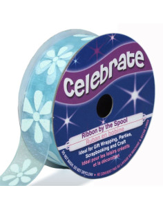 Organza-Band Celebrate Himmelblau und Blumen - 15 mm x 3,5 m