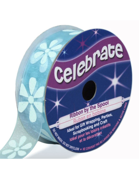 Organza-Band Celebrate Himmelblau und Blumen - 15 mm x 3,5 m