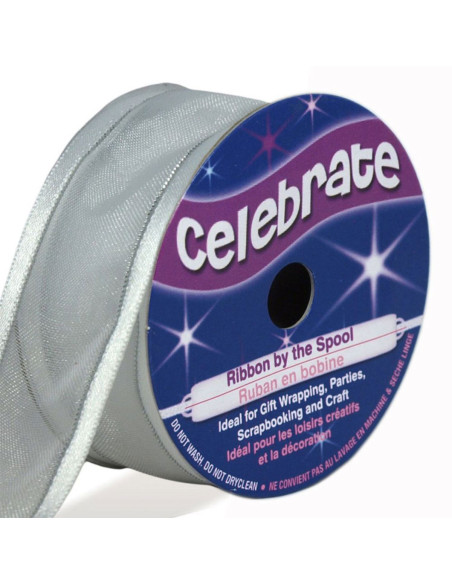 Organza-Band Celebrate weiß mit grauem Rand - 25 mm x 4 m