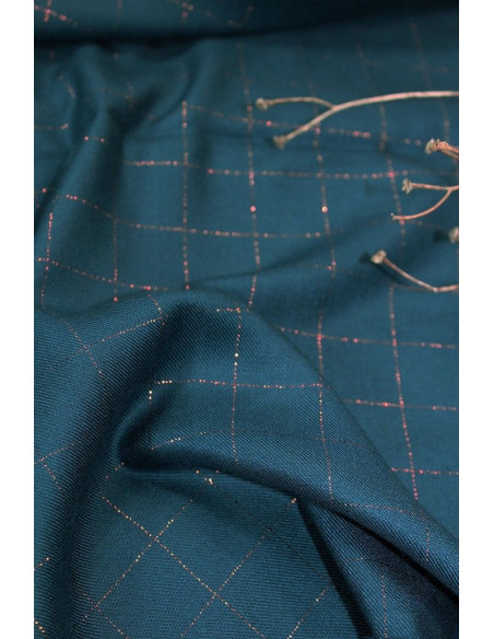Petrolblaues Karomuster aus Viskose-Twill mit kupferfarbenem Lurex - Églantine & Zoé