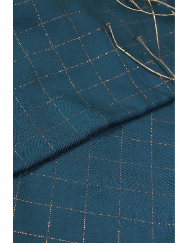 Petrolblaues Karomuster aus Viskose-Twill mit kupferfarbenem Lurex - Églantine & Zoé