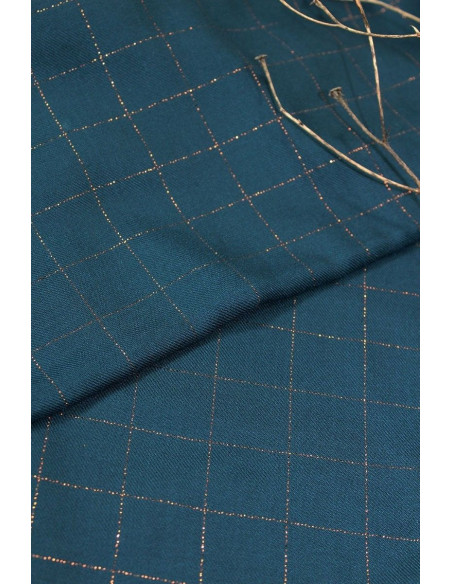 Petrolblaues Karomuster aus Viskose-Twill mit kupferfarbenem Lurex - Églantine & Zoé