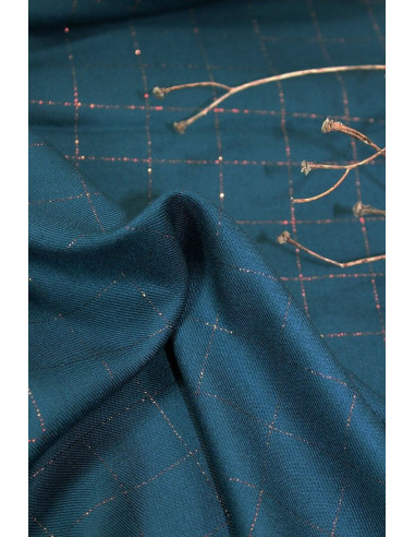 Petrolblaues Karomuster aus Viskose-Twill mit kupferfarbenem Lurex - Églantine & Zoé
