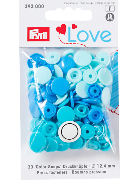 Set mit 30 Druckknöpfen Color Snaps 12,4 mm - Himmelblau, Türkis und Blau