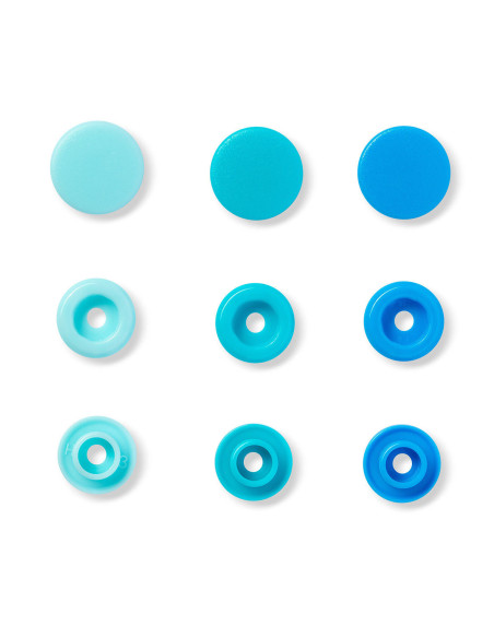 Set mit 30 Druckknöpfen Color Snaps 12,4 mm - Himmelblau, Türkis und Blau