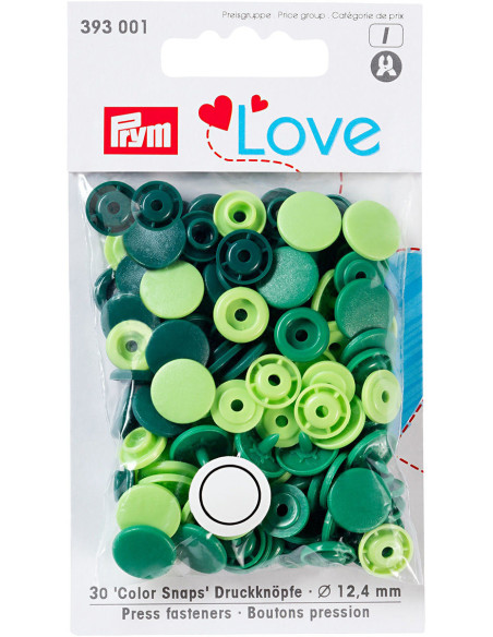 Set mit 30 Druckknöpfen Color Snaps 12,4 mm - Apfelgrün, Grün und Tannengrün