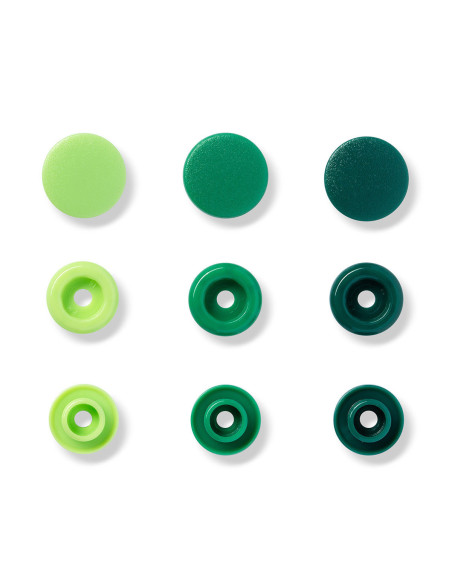 Set mit 30 Druckknöpfen Color Snaps 12,4 mm - Apfelgrün, Grün und Tannengrün