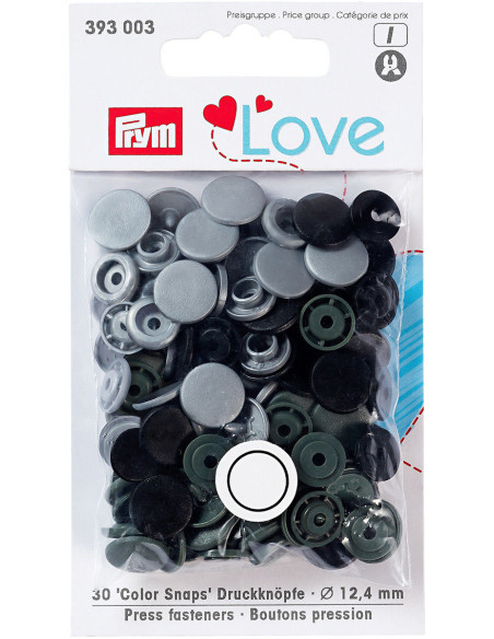 Set mit 30 Druckknöpfen Color Snaps 12,4 mm - Grau, Anthrazit und Schwarz