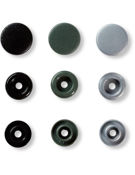 Set mit 30 Druckknöpfen Color Snaps 12,4 mm - Grau, Anthrazit und Schwarz
