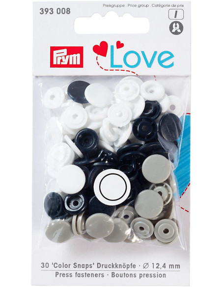 Set mit 30 Druckknöpfen Color Snaps 12,4 mm - Marineblau, Grau und Weiß