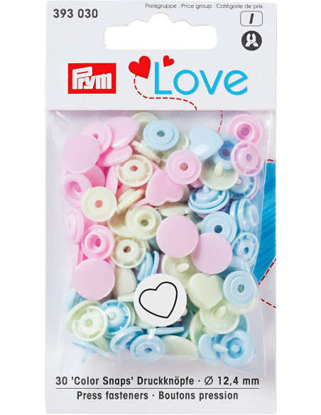 Set mit 30 Druckknöpfen Color Snaps Herzen 12,4 mm - Rosa, Zitronengrün und Himmelblau