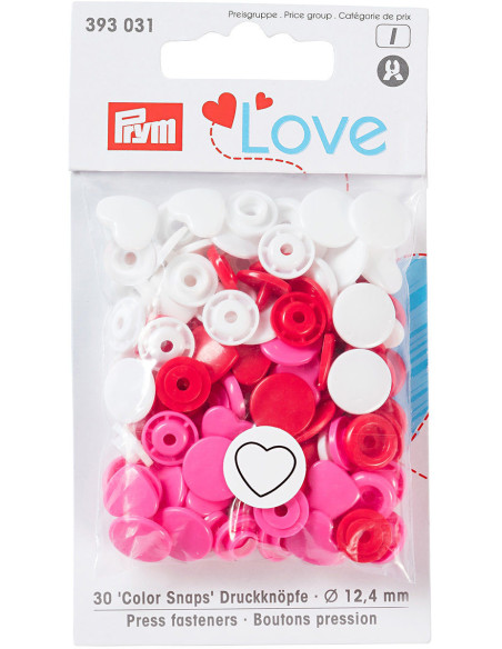 Set mit 30 Druckknöpfen Color Snaps Herzen 12,4 mm - Rot, Weiß und Fuchsia