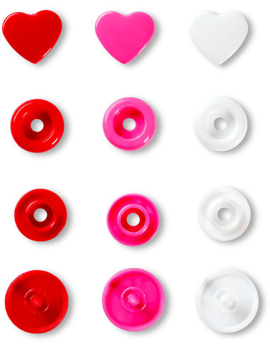 Set mit 30 Druckknöpfen Color Snaps Herzen 12,4 mm - Rot, Weiß und Fuchsia