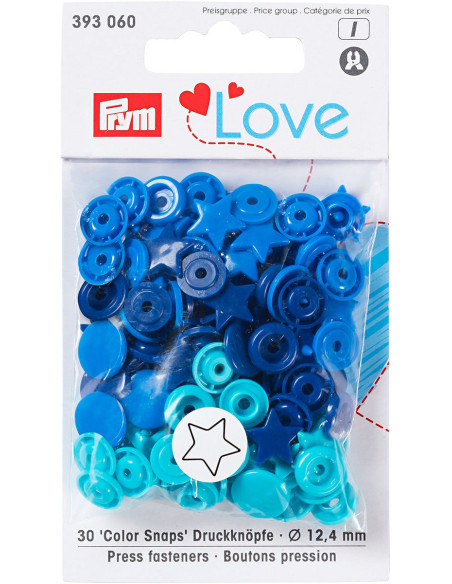 Set mit 30 Druckknöpfen Color Snaps Sterne 12,4 mm - Blau, Türkis und Tinte