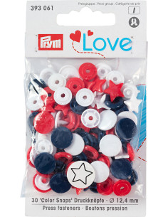 Set mit 30 Druckknöpfen Color Snaps Sterne 12,4 mm - Rot, Weiß und Marineblau