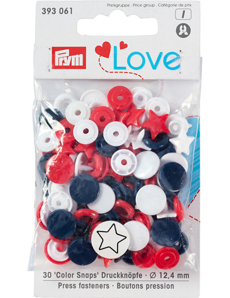 Set mit 30 Druckknöpfen Color Snaps Sterne 12,4 mm - Rot, Weiß und Marineblau
